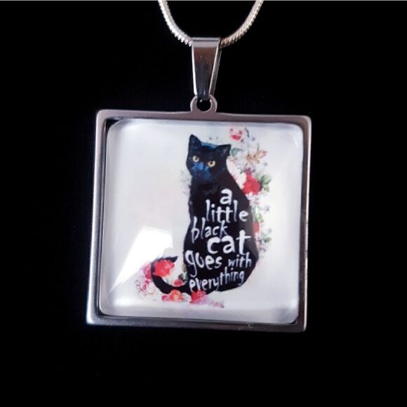 Black Cat Hand Crafted Stainless Steel Charm Stamped Sterling Silver Necklace - Picture 7 of 7